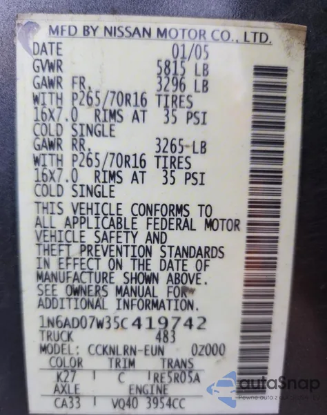 2005 Nissan Frontier Crew Cab Le из США, поврежденный, VIN 1N6AD07W35C419742